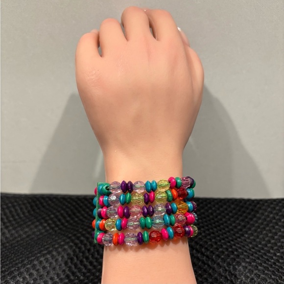 Colorful Boho Stretch Beaded Bracelet - Multicolor Acrylic & Wood Beads - Picture 4 of 8